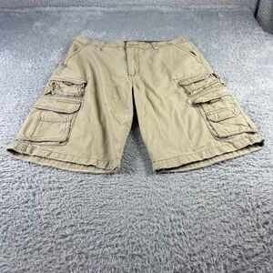 Plugg Mens Cargo Shorts Tan Khaki Cotton Twill Multi Pocket Frayed Hem Size 32